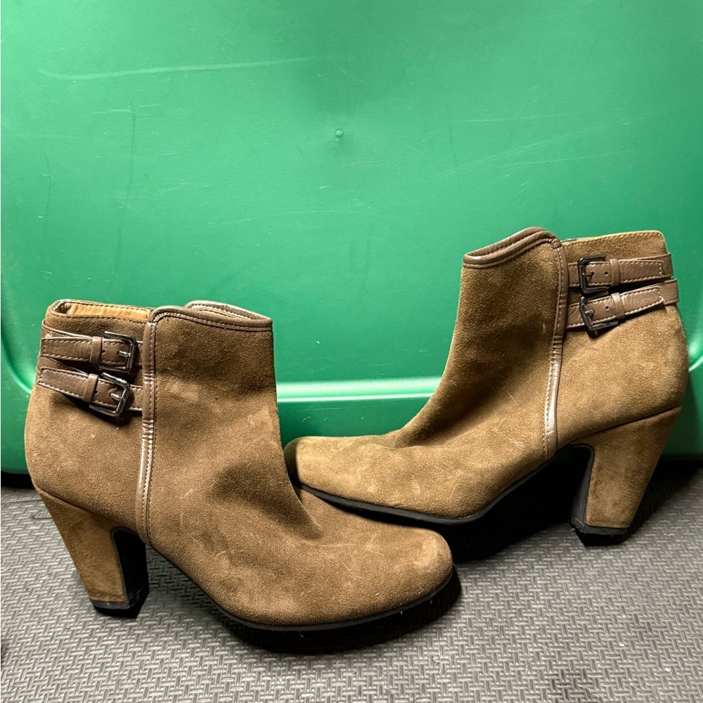 Sofft Olive/Tan Suede Booties with Buckle Detail